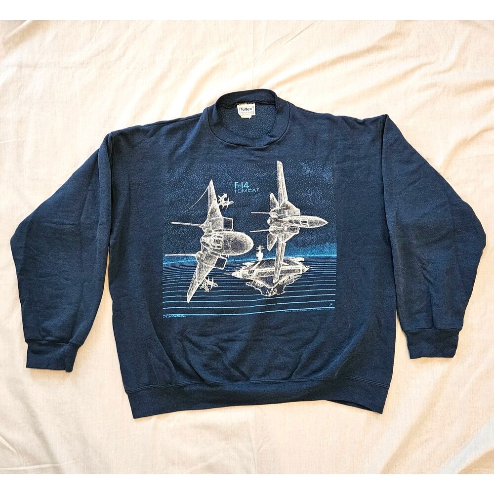 Vintage F-14 Tomcat Sweatshirt XL 80s Navy Vaporwave Grid USA Tultex Fighter Jet